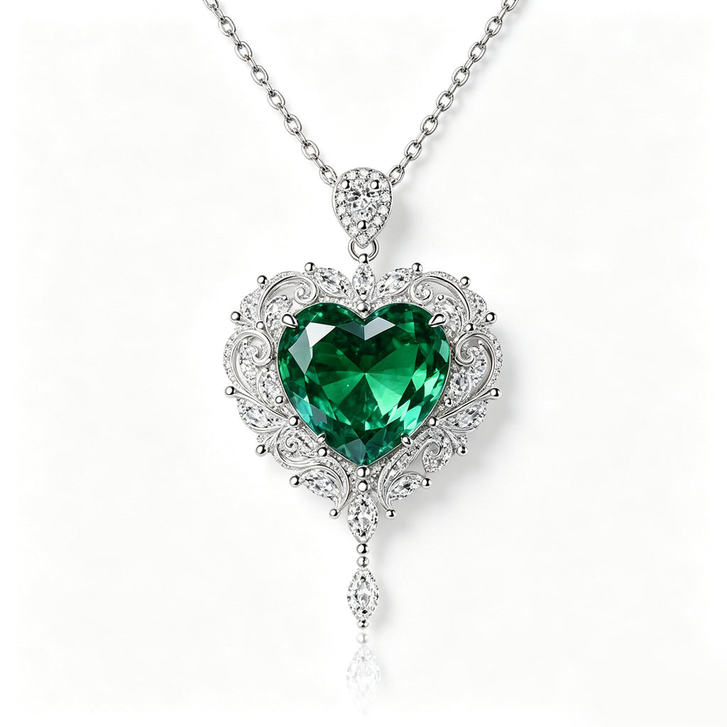 Emerald Heart Filigree Crystal Statement Necklace