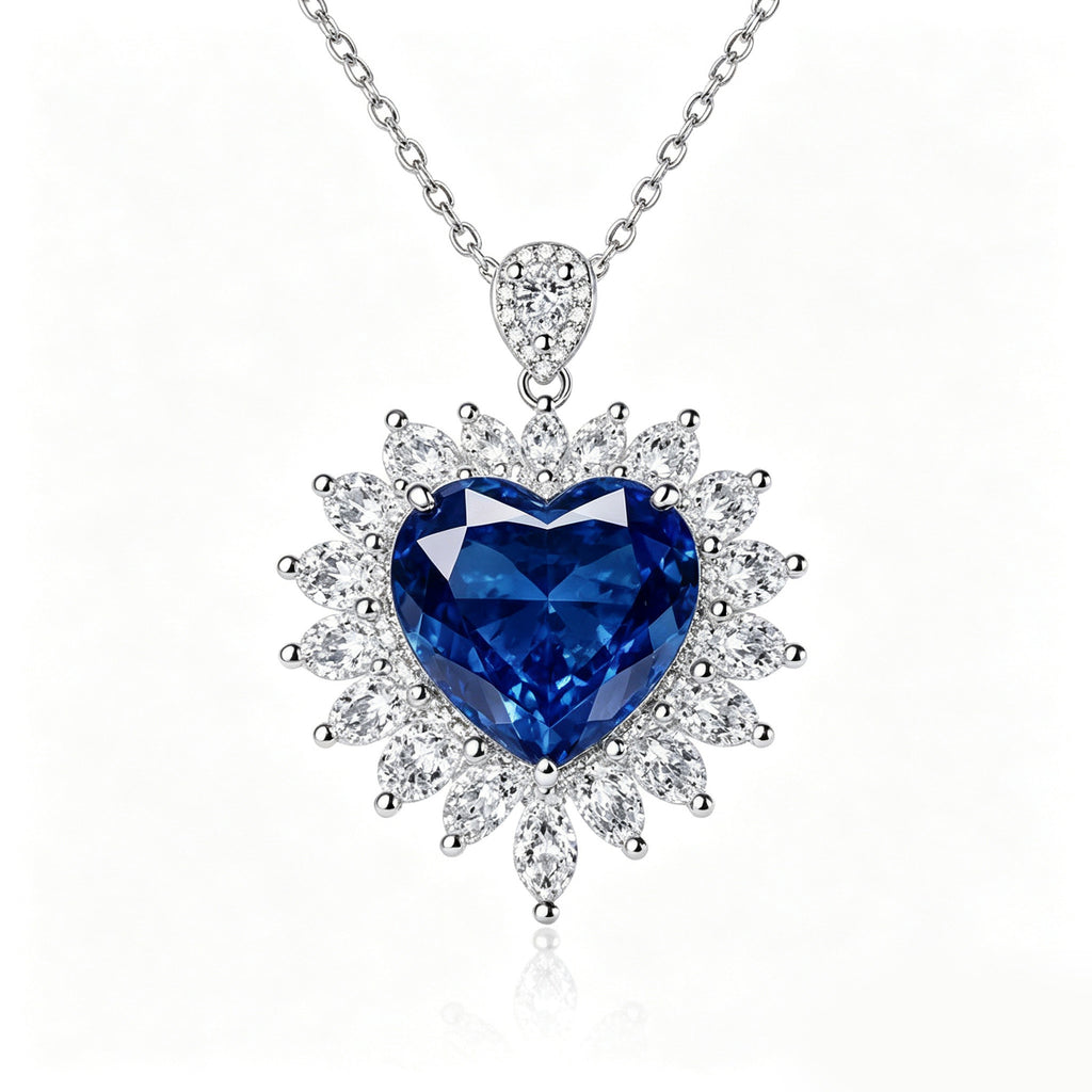 Radiant Royal Blue Heart Crystal Sunflower Necklace
