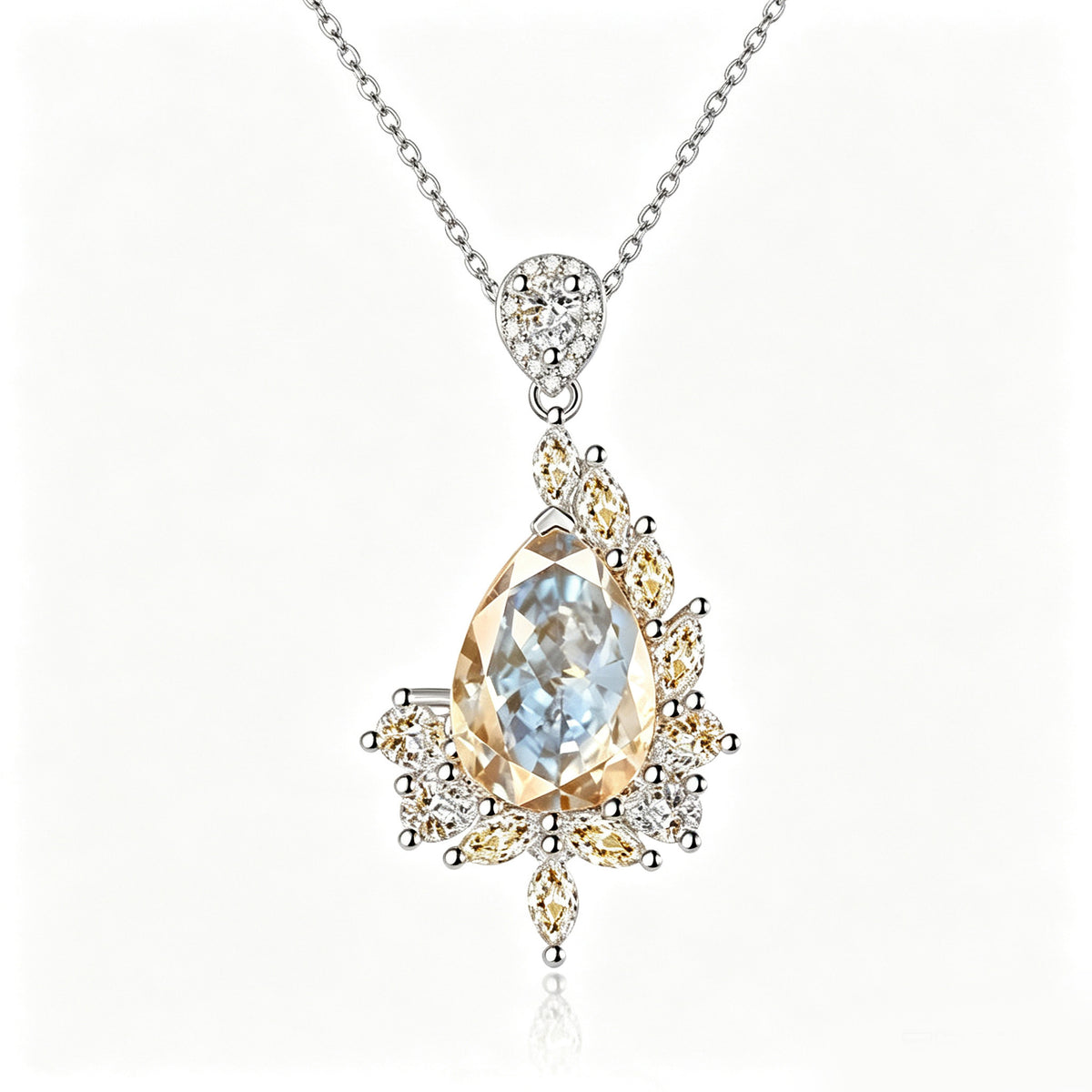 Champagne and Clear Crystal Asymmetrical Teardrop Pendant Necklace