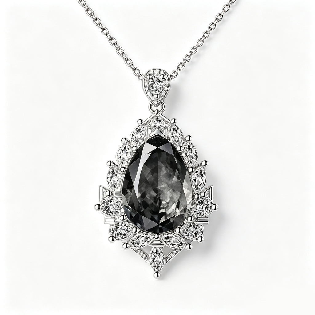 Midnight Smoke Teardrop Crystal Halo Pendant Necklace
