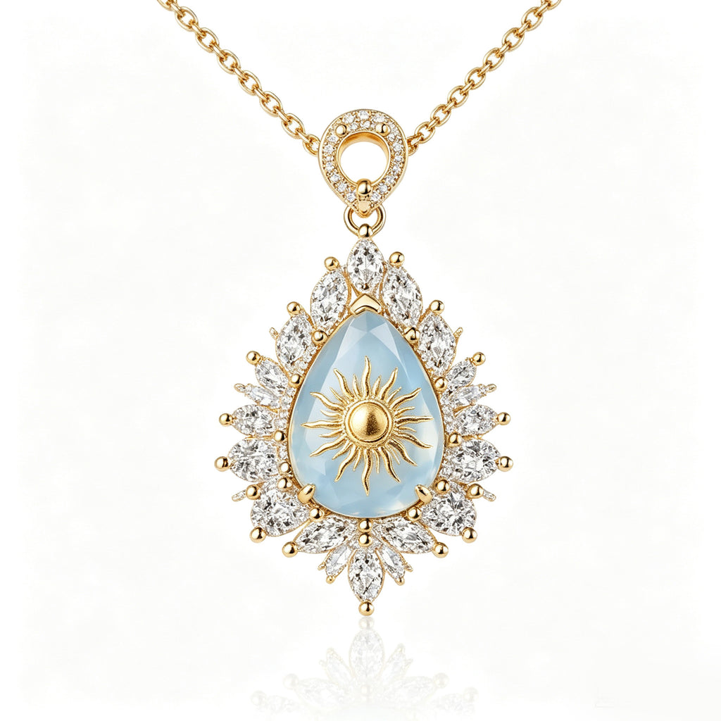 Golden Celestial Sunburst Blue Chalcedony Pendant Necklace
