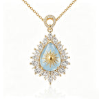 Golden Celestial Sunburst Blue Chalcedony Pendant Necklace