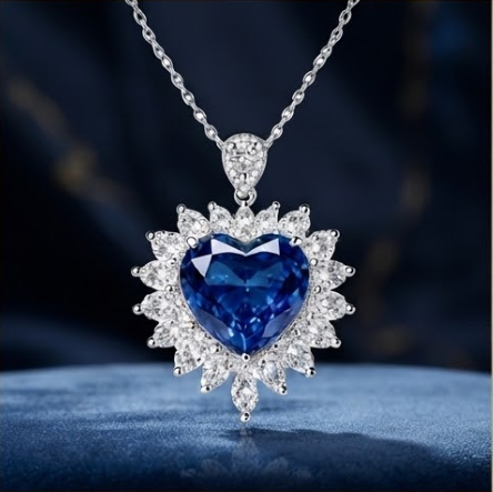 Radiant Royal Blue Heart Crystal Sunflower Necklace