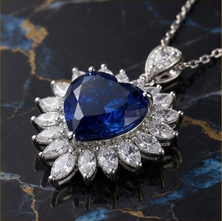 Radiant Royal Blue Heart Crystal Sunflower Necklace