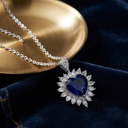 Radiant Royal Blue Heart Crystal Sunflower Necklace
