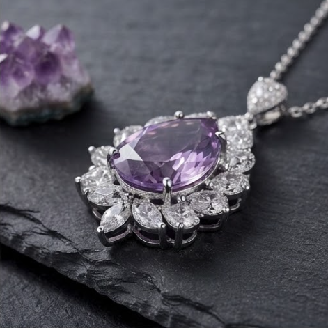 Regal Lavender Teardrop Crystal Cluster Necklace