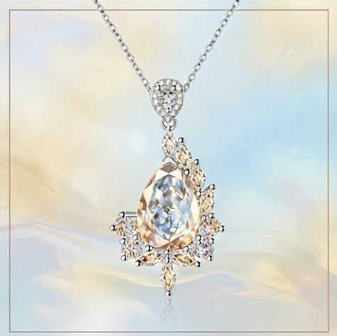 Champagne and Clear Crystal Asymmetrical Teardrop Pendant Necklace