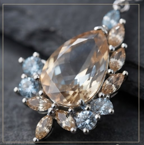Champagne and Clear Crystal Asymmetrical Teardrop Pendant Necklace