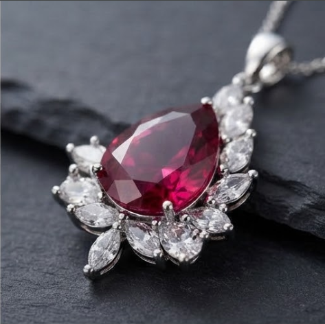 Crimson Teardrop Crystal Asymmetrical Pendant