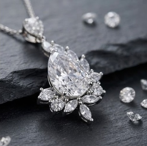 Brilliant Clear Teardrop Crystal Asymmetrical Pendant Necklace