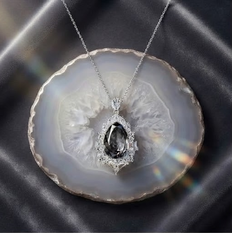 Midnight Smoke Teardrop Crystal Halo Pendant Necklace