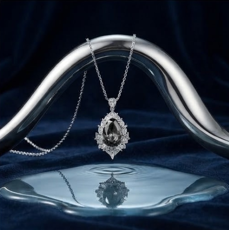 Midnight Smoke Teardrop Crystal Halo Pendant Necklace
