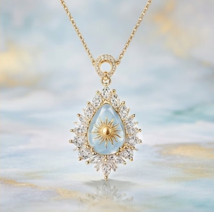 Golden Celestial Sunburst Blue Chalcedony Pendant Necklace