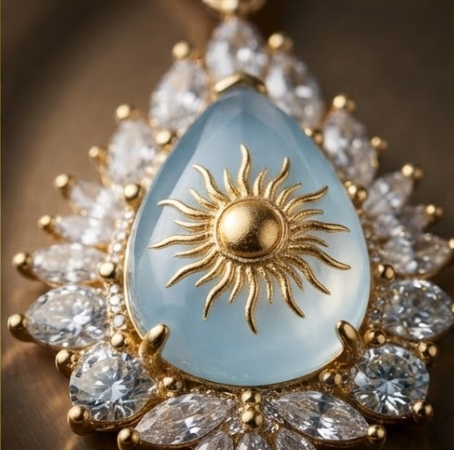 Golden Celestial Sunburst Blue Chalcedony Pendant Necklace