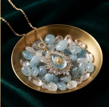 Golden Celestial Sunburst Blue Chalcedony Pendant Necklace