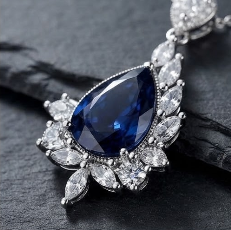 Midnight Sapphire Teardrop Asymmetrical Pendant Necklace